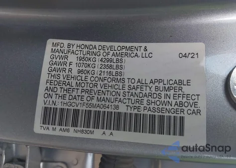 2021 Honda Accord Ex-L z USA, uszkodzony, nr VIN 1HGCV1F55MA064138